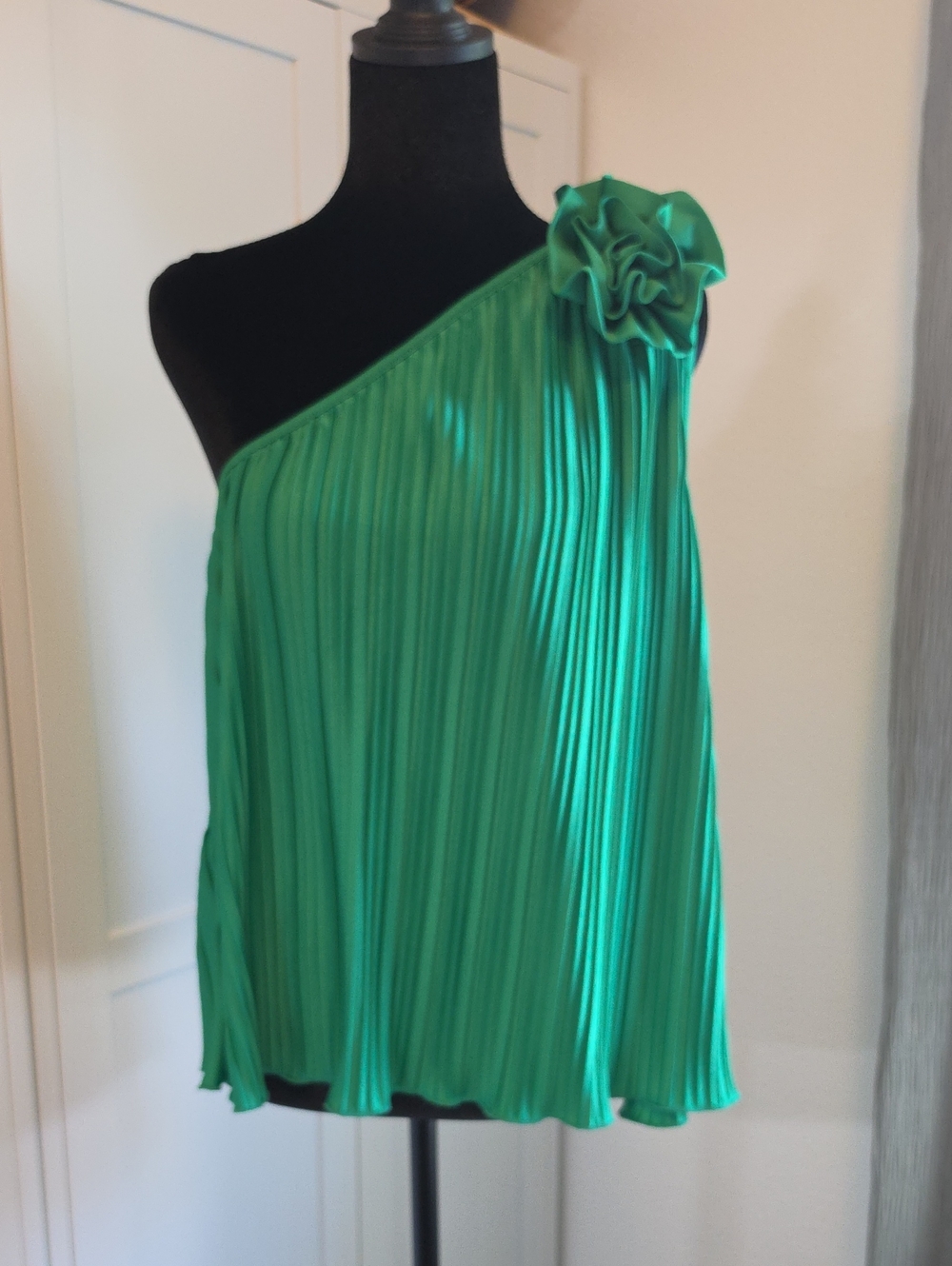 Green One-Shoulder Pleated Blouse with Rosette Accent